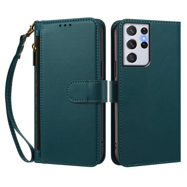 Funda Tipo Billetera para samsung galaxy S21 Ultra con Soporte y Bolsillo con Cierre Verde