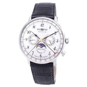 Zeppelin - Reloj Analógico Hindenburg De 40 Mm Con Correa De Cuero Negro Y Caja De Acero Con Esfera Plateada De Cuarzo 7036-1