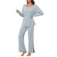thumbnail image 2 of INSPIRE CHIC Conjunto de salón de punto acanalado para mujer con hombros descubiertos, pijama de 2 piezas de manga larga con pantalones de abertura lateral M Azul, 2 of 6
