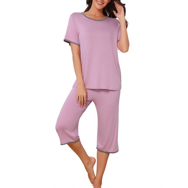 INSPIRE CHIC Conjunto de Pijama de Manga Corta para Mujer Pantalones Capri de Modal S Rosa