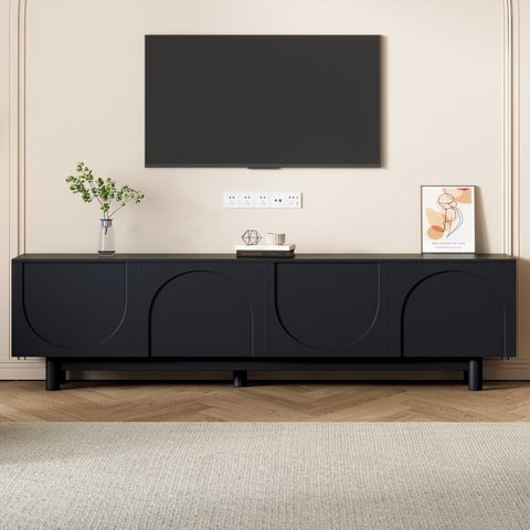 M&Ms - On-Trend Graceful Tv Stand With Arch Cabinets For Tvs Up To 78'', Minimalist Entertainment Center With Solid Wood Legs, Practical Media Console With Adjustable Shelves For Living Room, Black