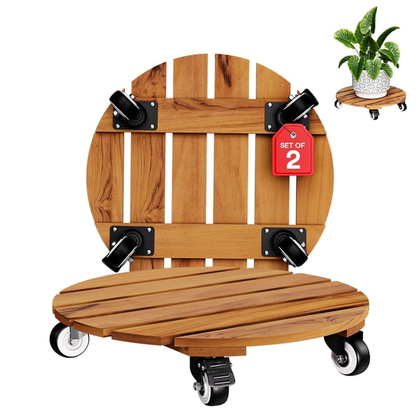 Base con ruedas para macetas IDZO de madera de acacia de 35 cm, 120 kg, juego de 2, ruedas 360°