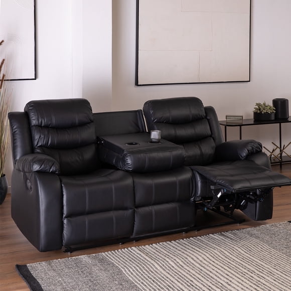 Sofa Santi Black Reclinable 3 Cuerpos Con Posavasos