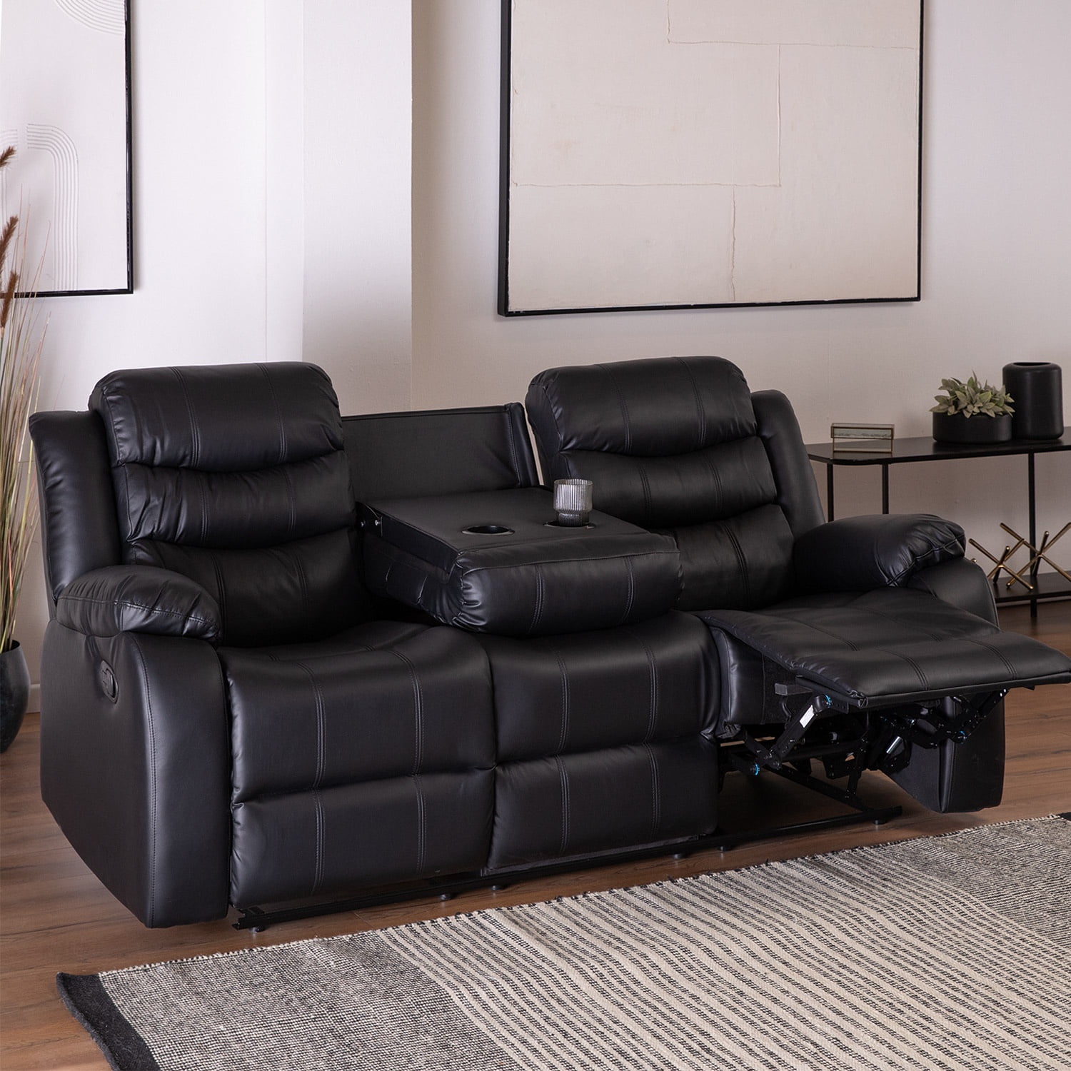 Sofa Santi Black Reclinable 3 Cuerpos Con Posavasos