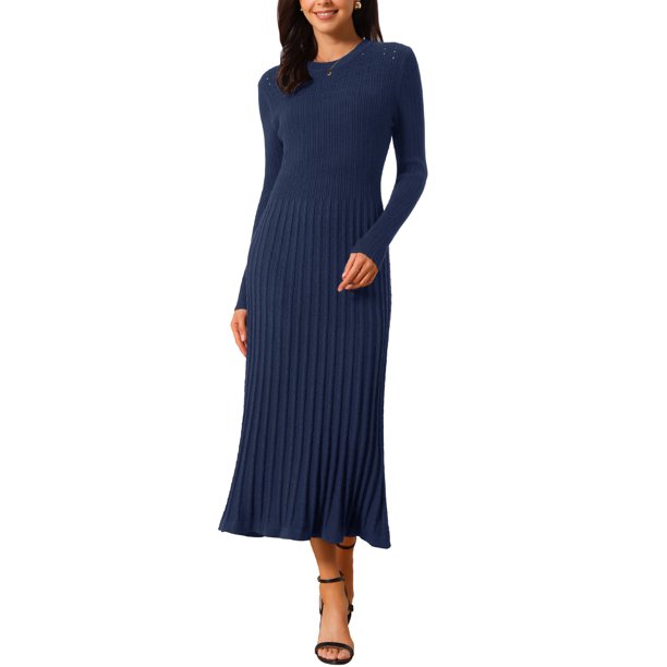 INSPIRE CHIC Vestido de Mujer de Manga Larga Otoño 2026 Cuello Redondo Tejido de Punto Acanalado Plisado Vestidos Midi Línea A L Azul Oscuro