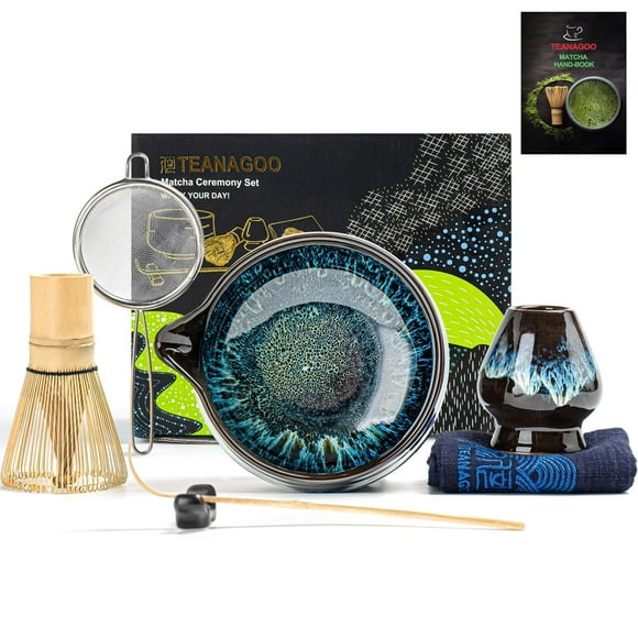 Juego de batidores para matcha TEANAGOO, 7 unidades, cuenco de cerámica azul, 510 ml