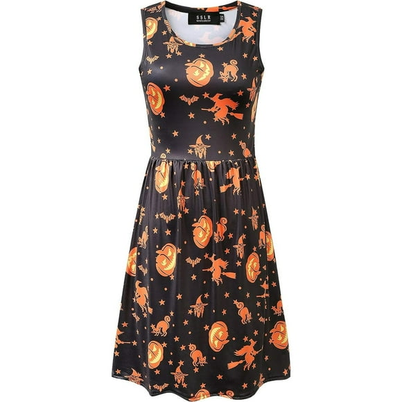 Vestido de Halloween de Calabazas para Mujer Vestido de Bruja Vestido sin Mangas con Cuello Redondo (Talla L)