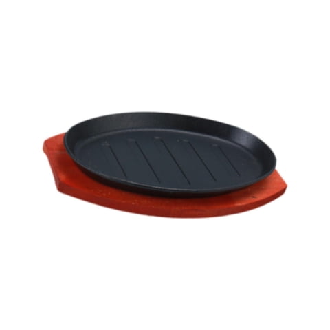 Bothyi - Plato Para Carne De Hierro Fundido Con Base De Madera, Antiadherente, Para Fajitas, Para Acampar, 28 X 17 Cm