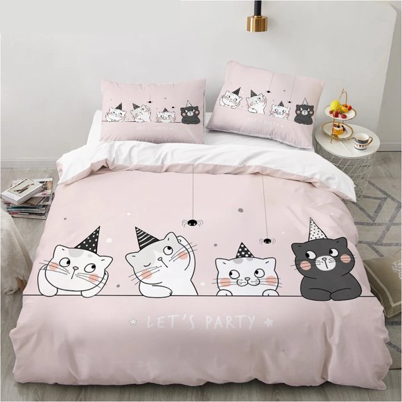 v361 Bed Sheets Cartoon Cat and Fish Bedding Set,Duvet Cover Comforter Bed Set Quilt Cover Pillowcase,King Queen Twin Size Boys Girls Adults 3-Piece Bedding Set (1 Duvet Cover + 2 Pillow Shams) Bed Sh