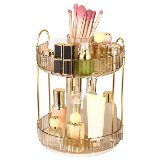 Organizador de maquillaje giratorio de 360°, organizador de tocador de baño de alta capacidad, almacenamiento giratorio de 2 niveles para el cuidado de la piel.