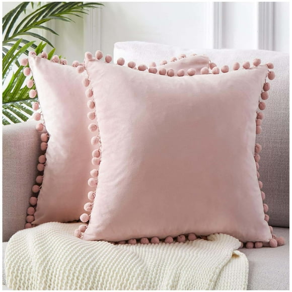 Pack De 02 Fundas De Cojín De Terciopelo Con Pompon 45x45 Rosa