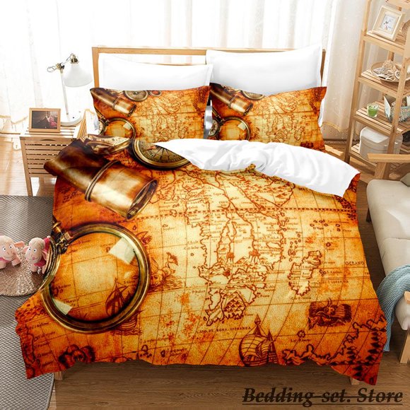 Retro Map Compass Bedding Set Bed Set Adult Kid Bedroom Duvetcover Setsparure de lit Bed