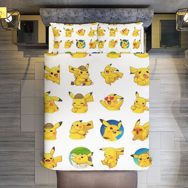 Pikachu 3 Piece Sets Full/Queen Size - Reversible Microfiber Quilts with Shams Soft Lightweight Bedspread Coverlet Comforter for All Season Bed Sheets