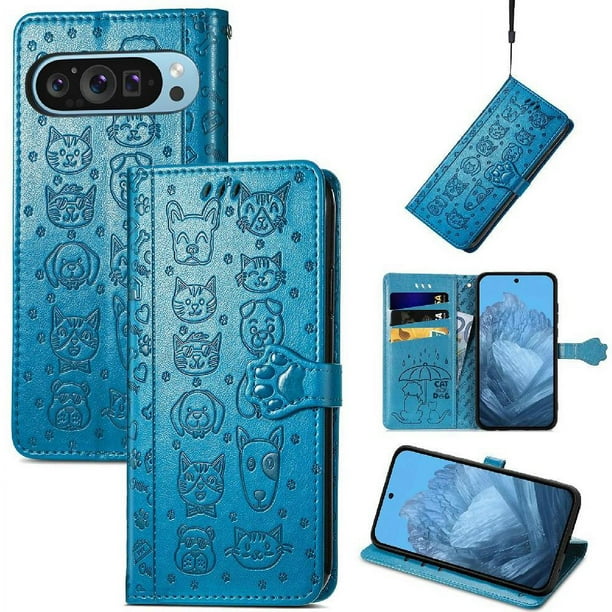 Funda Cartera FOXDOCK para Google Pixel 9 Pro XL , Flip PU con Relieve de Gatos y Perros, Tarjetero y Soporte