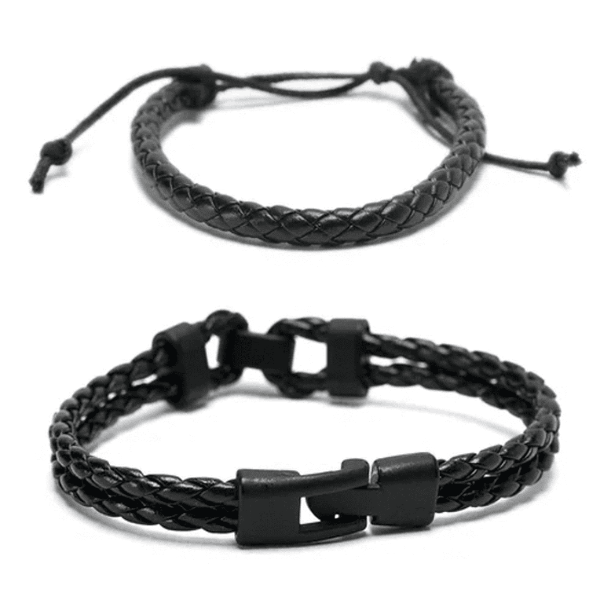 Genérico - Pack 2 Pulseras Cuero Negro Hombre Mujer