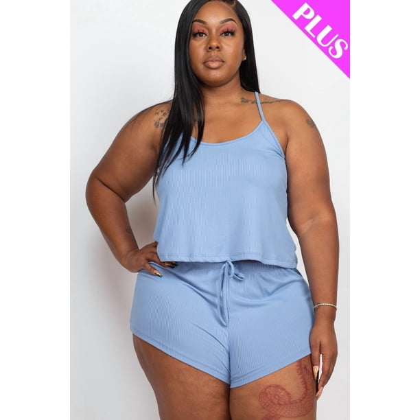 Conjunto de Top de Tirantes y Shorts en Tejido de Canalé de Talla Grande