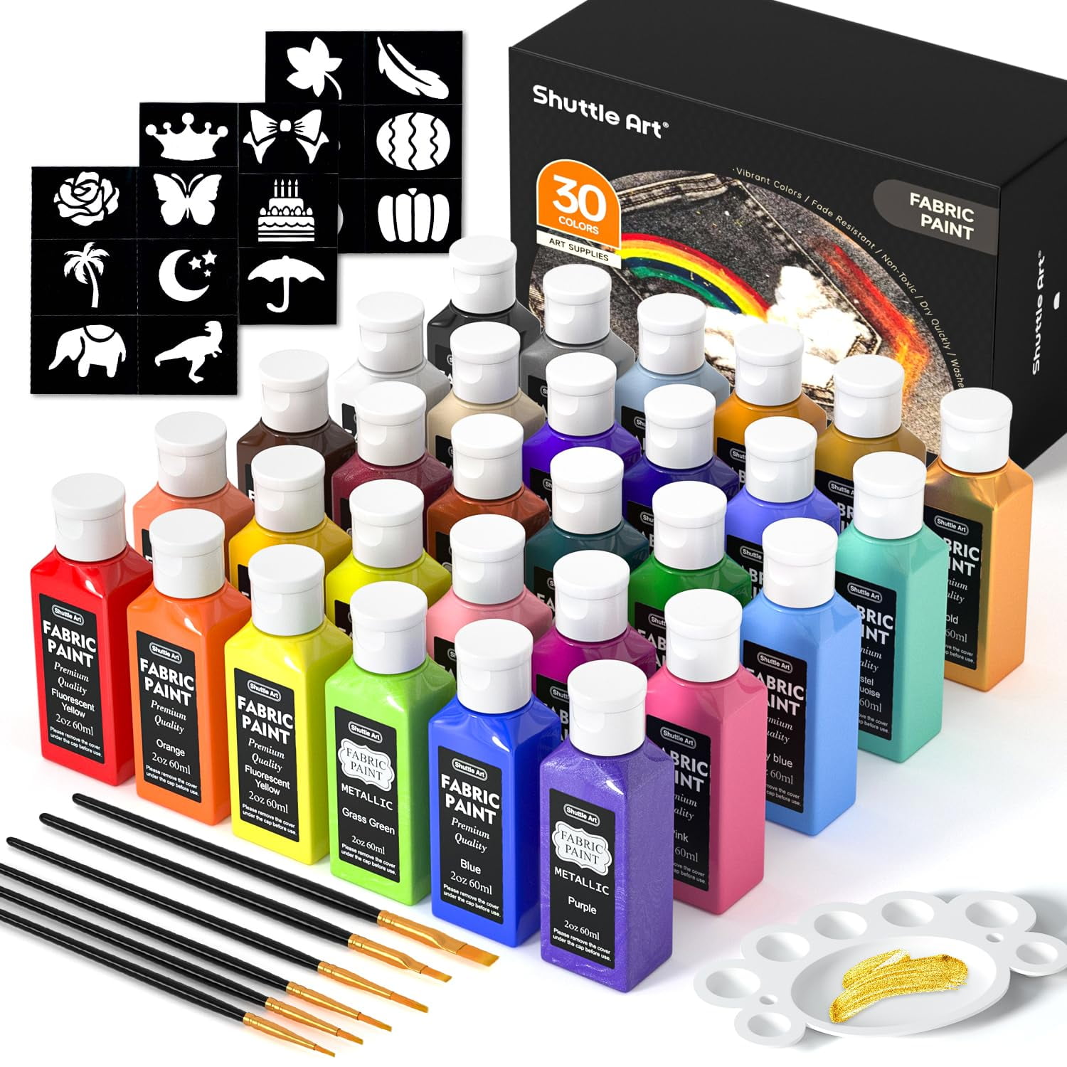 Shuttle Art - Pintura Para Tela 30 Colores Permanente 60 Ml Con Pinceles