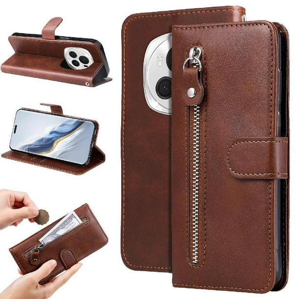 Funda con Cremallera para Honor Magic 6 Pro, Carcasa Cartera de Cuero PU con Soporte y Tarjetero