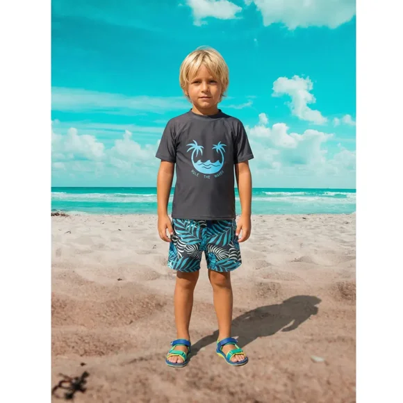 Conjunto De Baño Niños Jovenes Short Polera Gorro Manga Corta Palmeras 0062