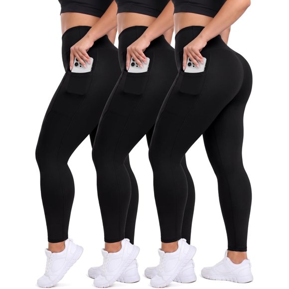 HLTPRO 3 Pack Plus Size Leggings with Pockets for Women So