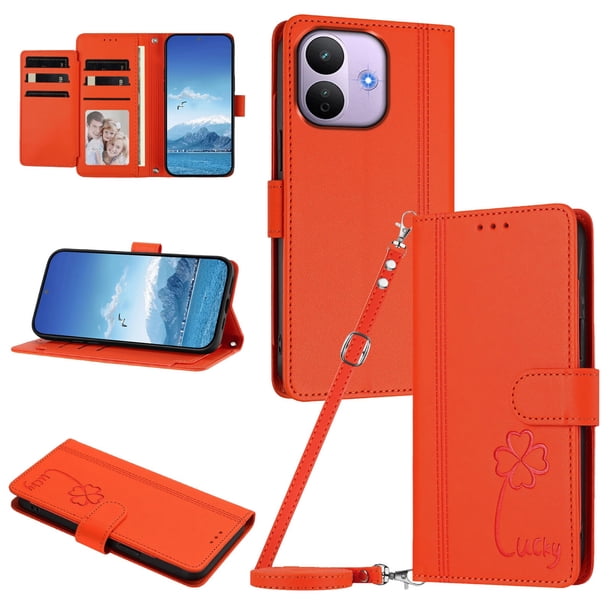 Funda Cartera Trébol para Xiaomi Redmi Note 17 Pro 5G con Ranuras Tarjetas y Carga Inalámbrica Naranja