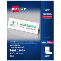 Tent Cards Avery 5309, 50 Hojas, Imprimibles, 9 X 28 Cm, Color Blanco