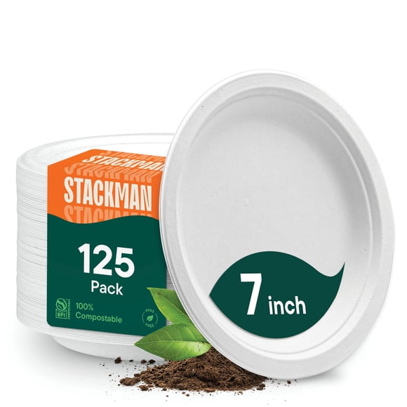 Platos de papel Stack Man de 7 pulgadas, 100% compostables [paquete de 125]