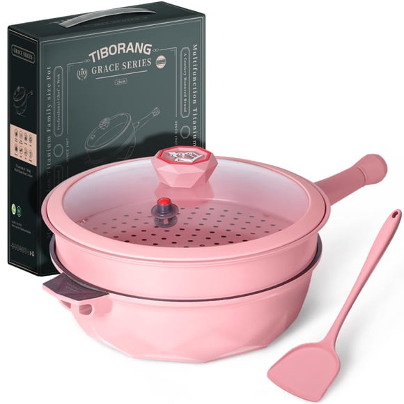 Sartén profunda multiusos TIBORANG de 5 litros con tapa antiadherente, color rosa