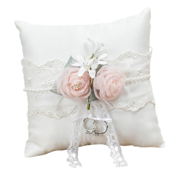 Almohada de anillo, almohada de joyería, almohada portadora de anillo retro para, fiesta de compromiso , con 2 piezas de flores