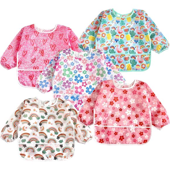PandaEar 5 Pack Baby Long Sleeve Bibs Waterproof Full Sleeve