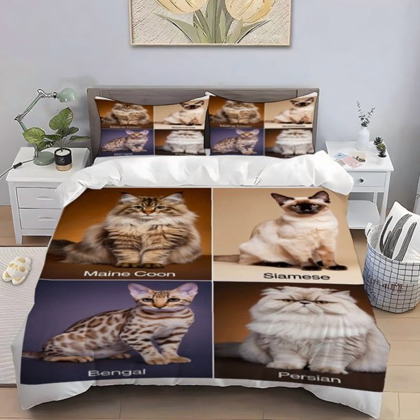 3pcs Maine Coon Printed Polyester Bedding Set | Soft Skin-Friendly Fabric Digital Print