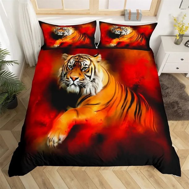 White Tiger Red Rose Duvet Cover Africa Big Cat Flower Bedding Set for Teen Adult Animal Polyester Quilt Cover