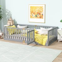 M&Ms - Twin Size Floor Bed With High Fence Railings, With Door, Rubber Wood Floor Bed With Safety Guardrails,Grey