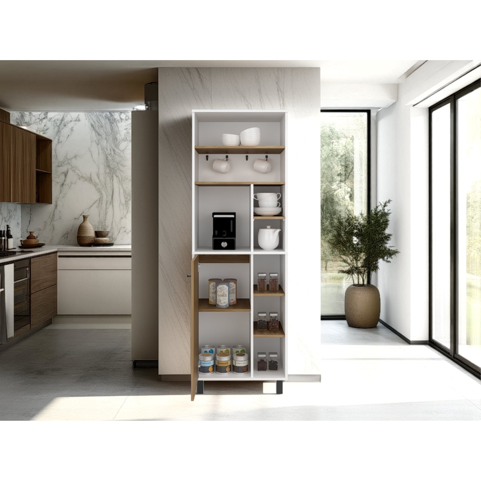 Tuhome - Estación De Café 1 Puerta Carajillo 180x60x39,8 Cm Blanco Y Fresno