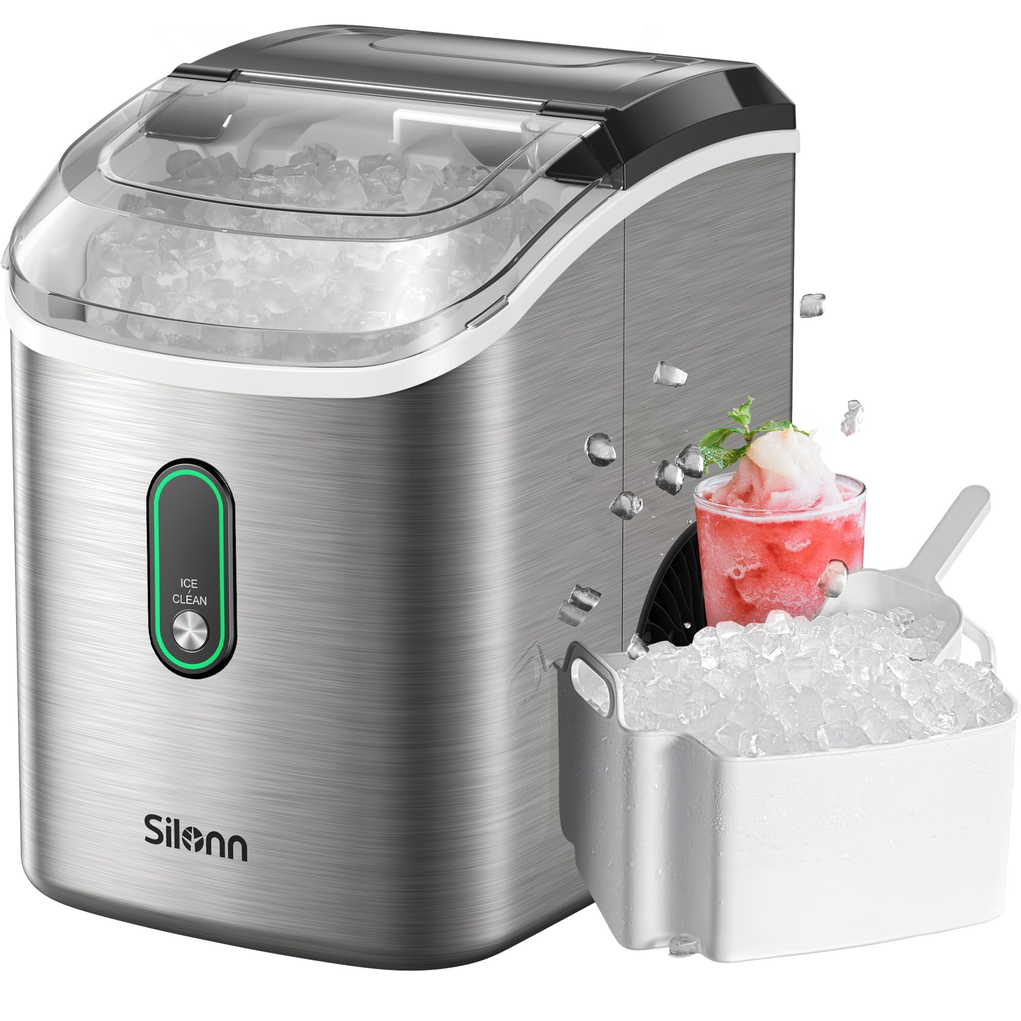 Máquina De Hielo Nugget Silonn Para Encimera, 3 Libras/24 H, Acero Inoxidable