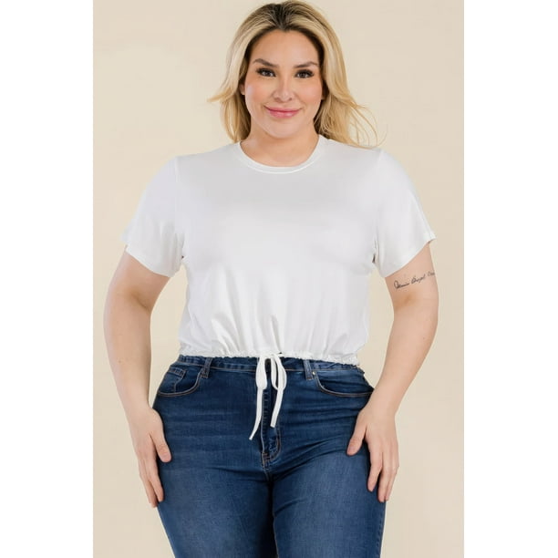 Saronite Top Corto Básico de Manga Corta con Lazo Frontal, Blanco (Talla Grande para Mujer)