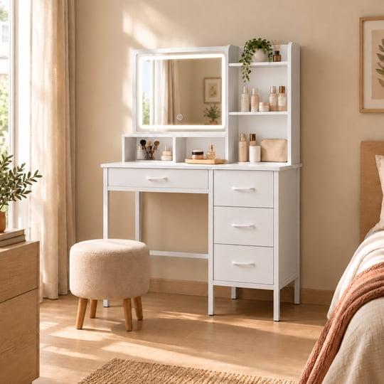 Vientoferoz - Tocador Con Luz Y Espejo Blanco 4 Cajones Repisas 90x45x137 Cm Dormitorio