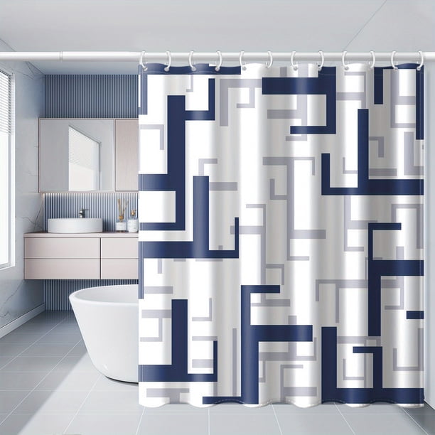 1pc Blue Geometric Pattern Shower Curtain With 12 Hooks, Waterproof And Mildew-Proof Bath Curtain, Machine Washable Bathroom Partition Curtain, Bathroom Decor, Curtain For Windows