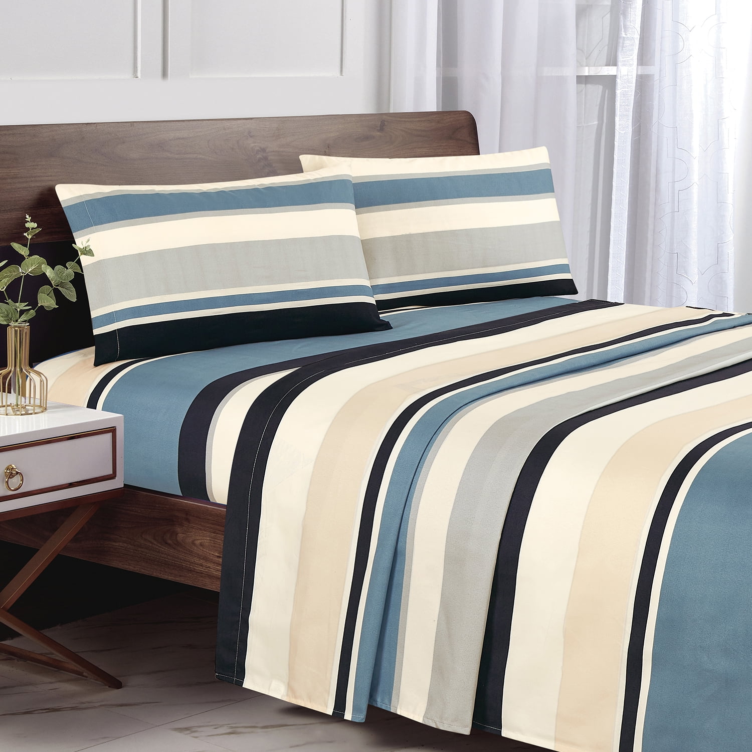 Sabanas Andes Microfibra Estampada Franjas Azul