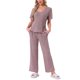 thumbnail image 1 of INSPIRE CHIC Conjunto de Pijama para Mujer de Punto Acanalado con Manga Corta, Parte Superior con Abertura Lateral y Pantalones, Conjunto de Dos Piezas para Estar en Casa con Bolsillos S Púrpura, 1 of 5
