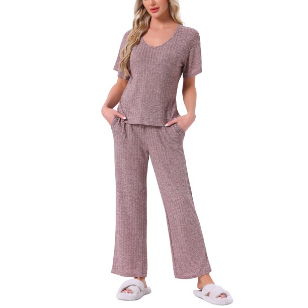 INSPIRE CHIC Conjunto de Pijama para Mujer de Punto Acanalado con Manga Corta, Parte Superior con Abertura Lateral y Pantalones, Conjunto de Dos Piezas para Estar en Casa con Bolsillos S Púrpura