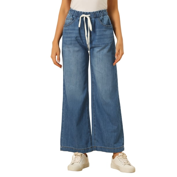 INSPIRE CHIC Pantalones Vaqueros de Pierna Ancha para Mujer Vuelta al Cole con Cintura Elástica y Cordón Casual con Bolsillos Azul S