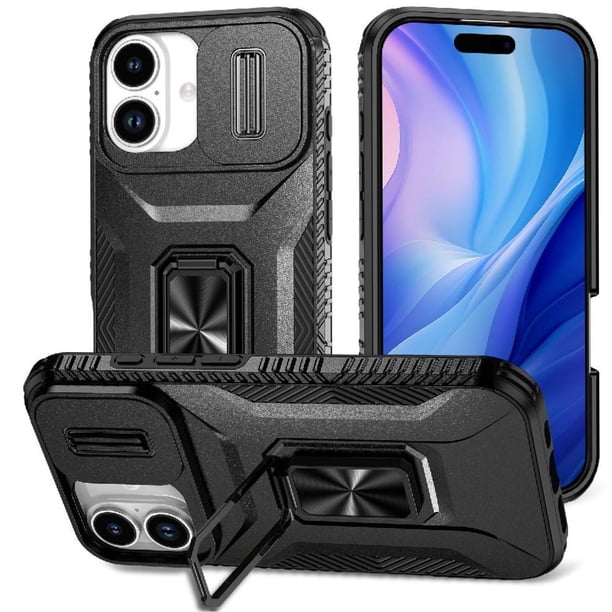 Funda Armada para iPhone 17 con Tapa Deslizante y Soporte Magnético Giratorio Negro