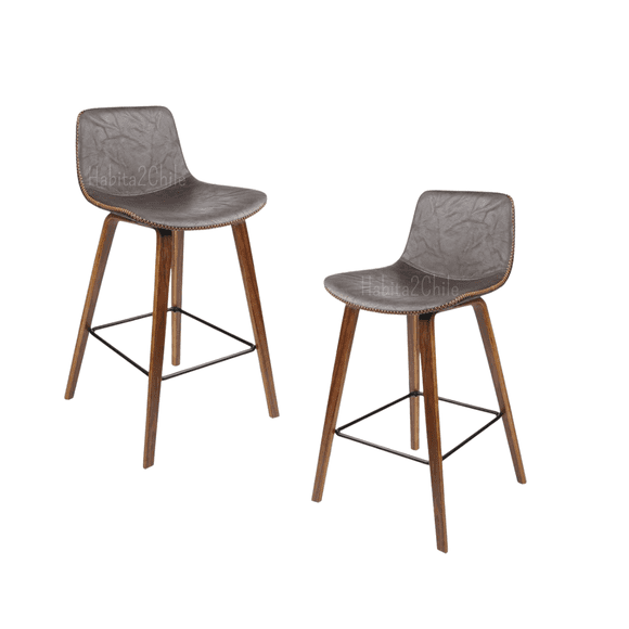 Pack 2 Taburetes O Pisos De 75cm Con Asiento De Cuero Y Patas Simil Madera