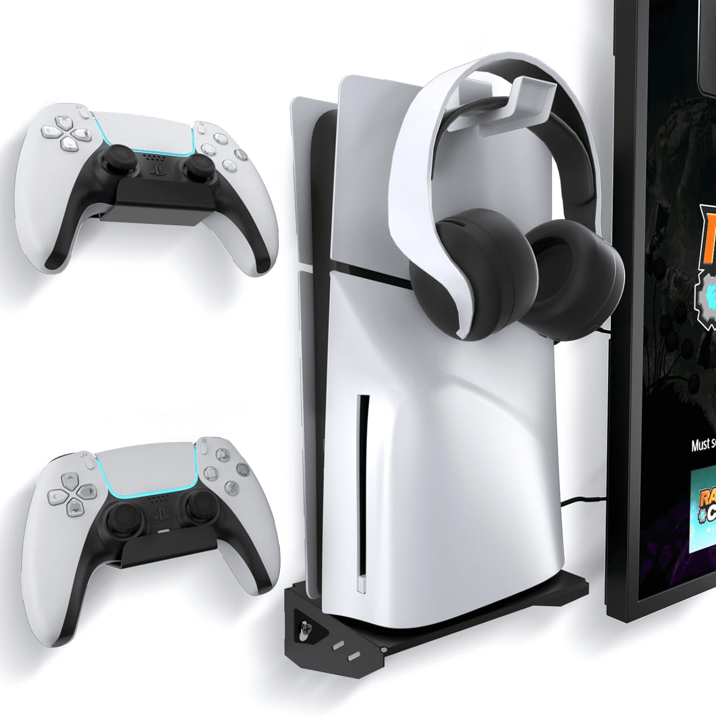 Genérico - Soporte De Pared Para Ps5 Slim Con Dos Soportes Para Mandos Y Un Gancho Para Auriculares, Fijación Con Tornillos - Negro