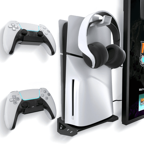 Genérico - Soporte De Pared Para Ps5 Slim Con Dos Soportes Para Mandos Y Un Gancho Para Auriculares, Fijación Con Tornillos - Negro
