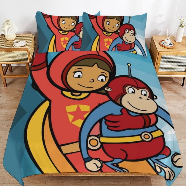 WordGirl Cartoon Bedding Sets Ultra Soft Skin-Friendly Duvet Cover 3 Piece, Cute Comforter Cover Bed Set for Boys Girls Kids