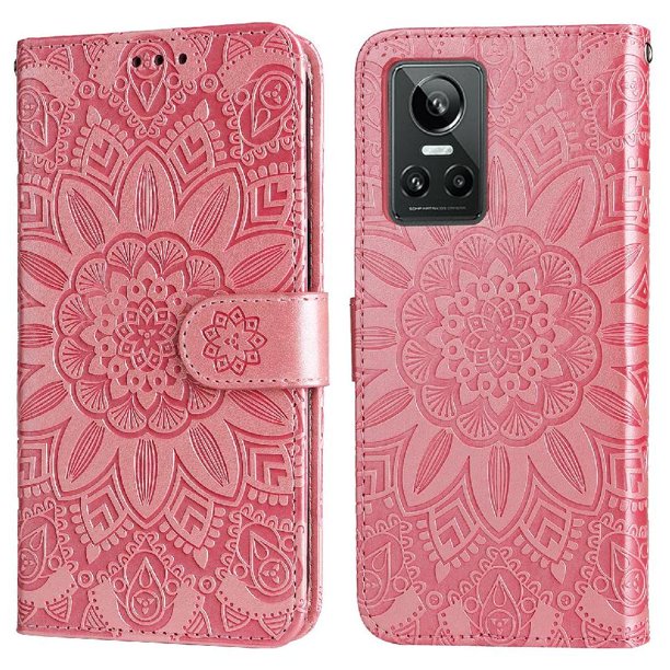 Funda tipo cartera FOXDOCK para Realme GT Neo 3 , diseño girasol en relieve, cuero PU, cierre magnético, soporte y tarjetero