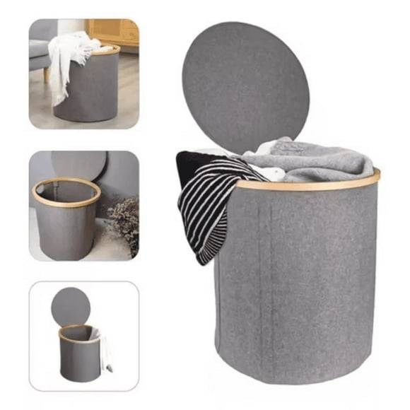 Cesto Canasto Ropa Sucia Plegable Borde Madera Con Tapa Redonda Gris