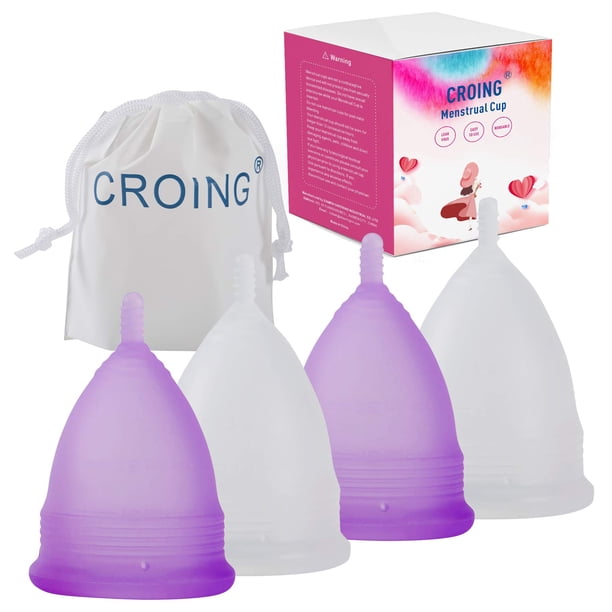 Juego de copas menstruales Croing reutilizables (4 unidades pequeñas y 2 grandes), color morado y blanco